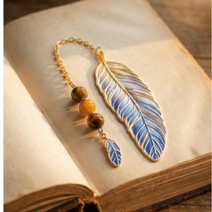 Marque page Plume et pierres Oeil du tigre doré