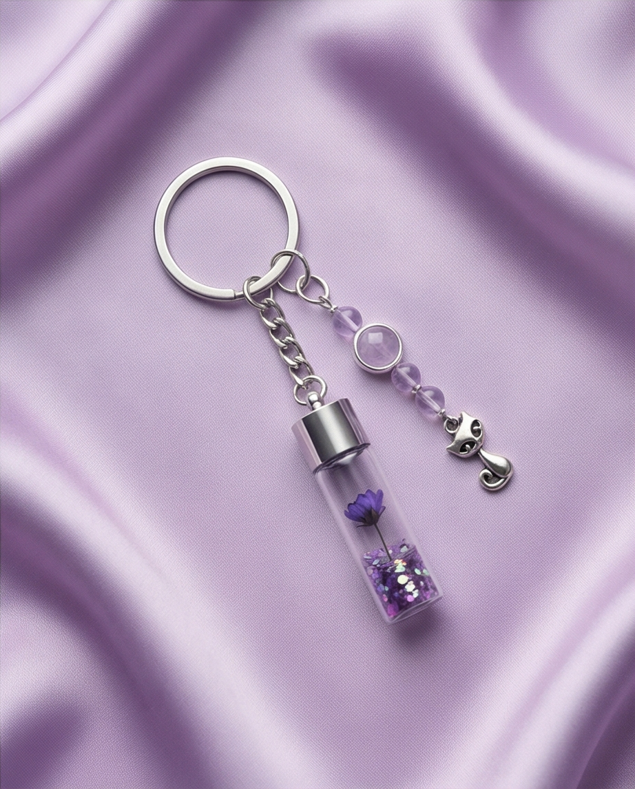 Porte clés bouteilles à souhaits Améthyste lavande finitions Chat